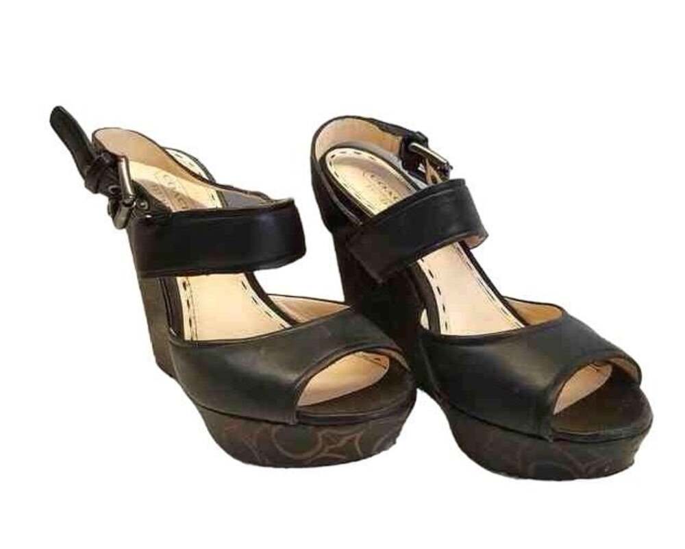 Coach Black Leather Open Toe Signature Monogram Wedges